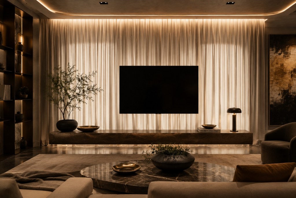 curtain TV wall decor ideas 2026 dramatic unexpected