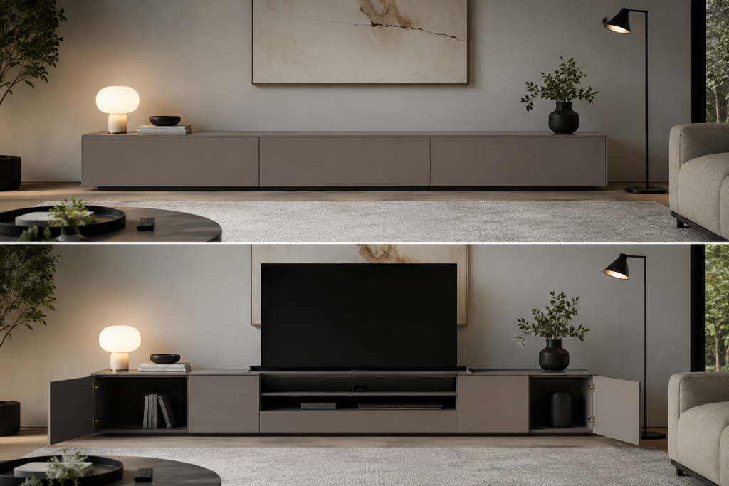 motorized TV lift console wall decor idea 2026 smart home