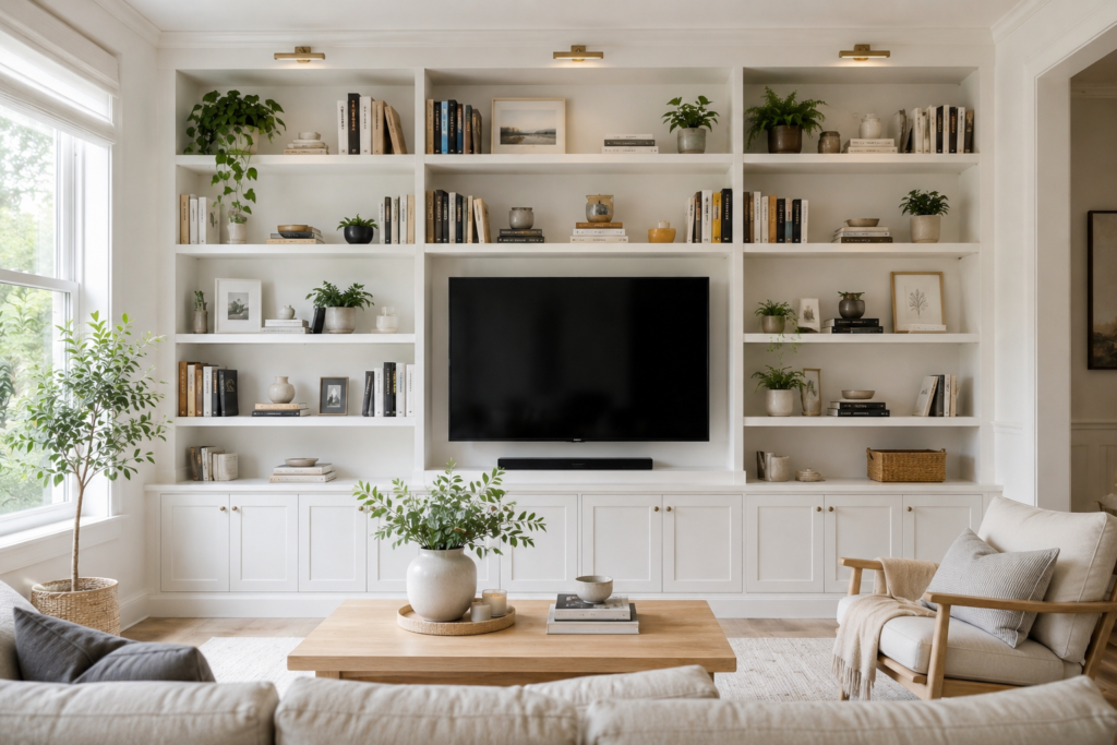 built-in bookcase TV wall decor idea 2026 living room