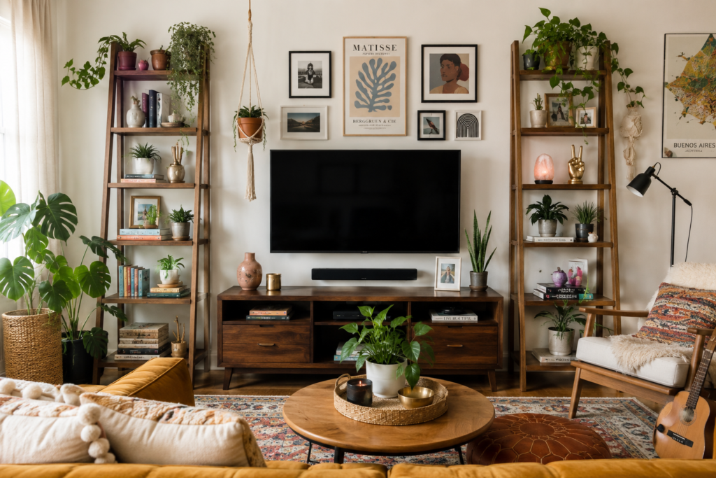  ladder shelf TV wall decor idea 2026 creative budget