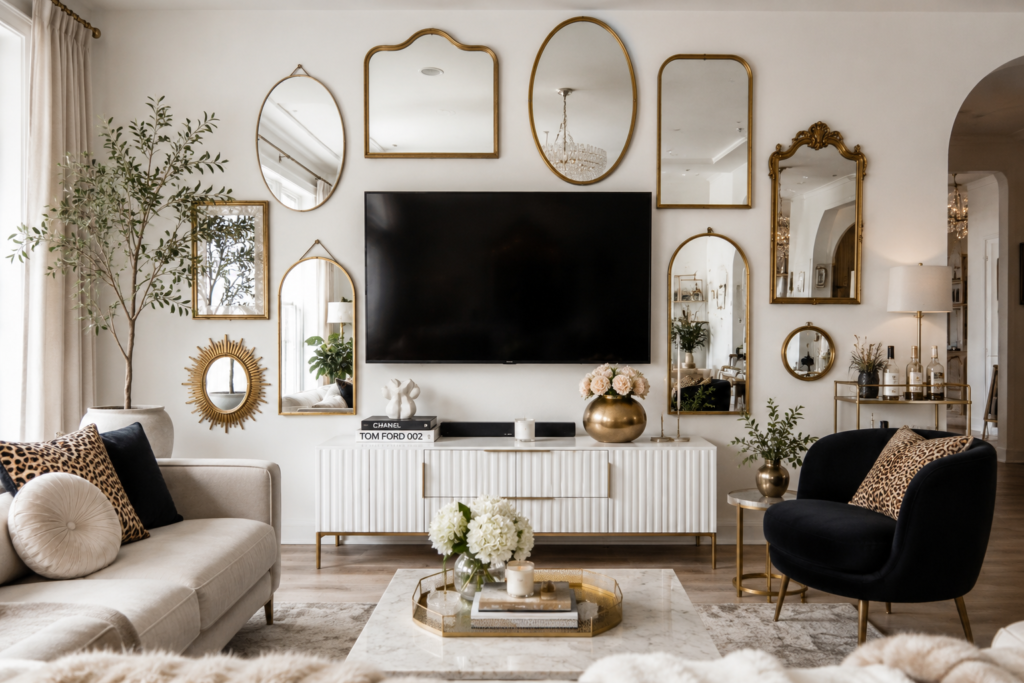 mirror arrangement around TV wall decor ideas 2026 glamorous