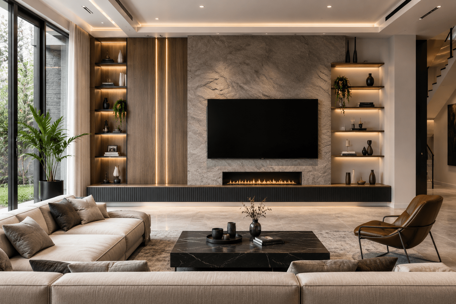 tv wall decor ideas 2026 - modern living room TV wall with floating shelves and LED backlighting