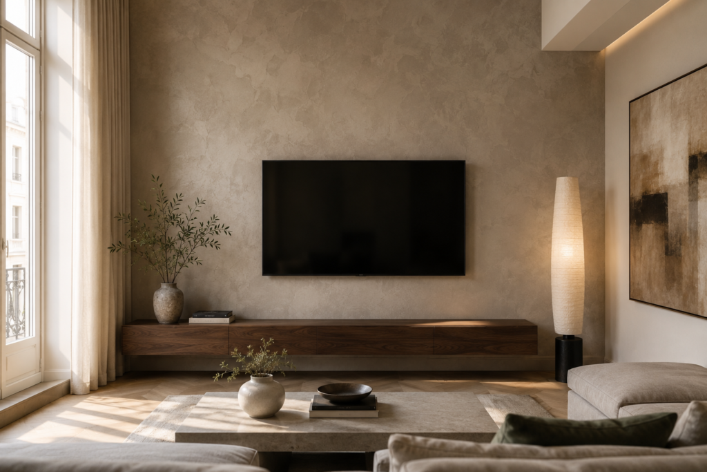 plaster accent panel TV wall decor 2026 minimalist
