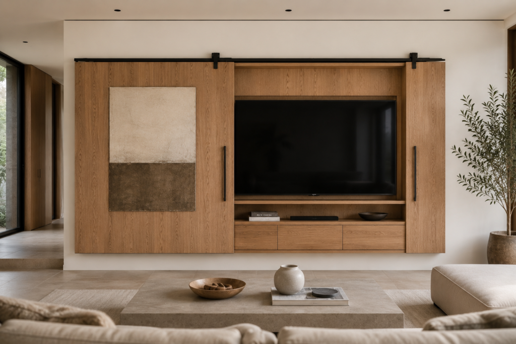 hidden TV sliding panel wall decor idea 2026