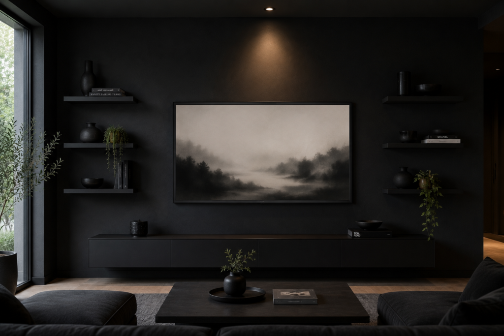monochrome black TV wall decor 2026 minimalist luxury