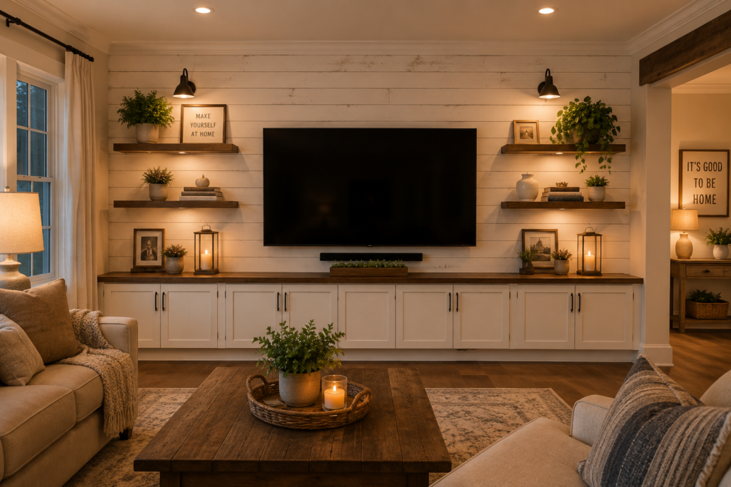 shiplap wood panel TV wall decor ideas 2026 farmhouse modern