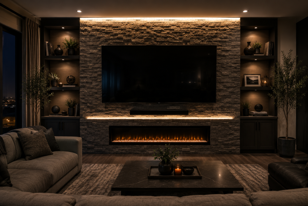 stone veneer TV wall decor 2026 with LED lighting