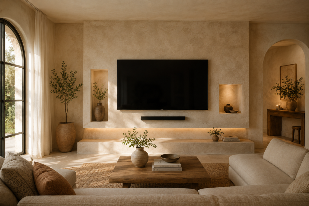 limewash paint TV wall decor idea 2026 Mediterranean modern