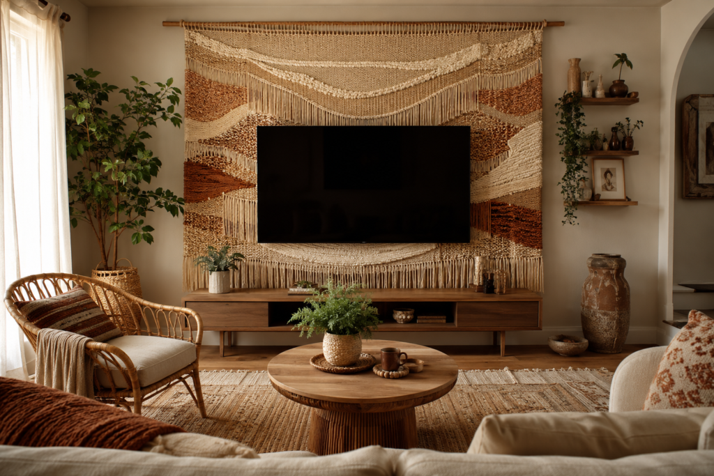  woven textile panel TV wall decor 2026 boho modern