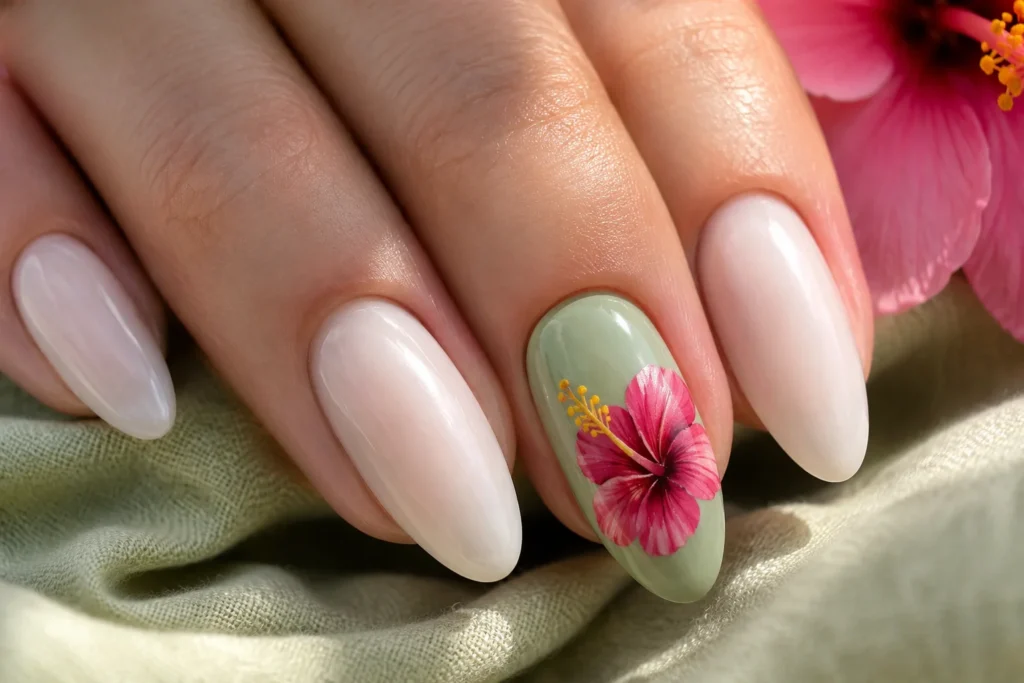 tropical nail ideas 2026 hibiscus floral nail art on sage green base