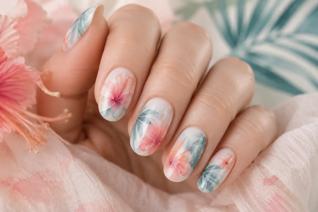 watercolor tropical nail ideas 2026 soft blush pink hibiscus nail art