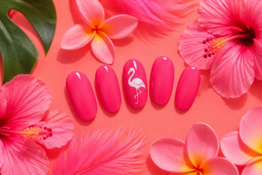 flamingo pink tropical nail ideas 2026 nail art with flamingo silhouette
