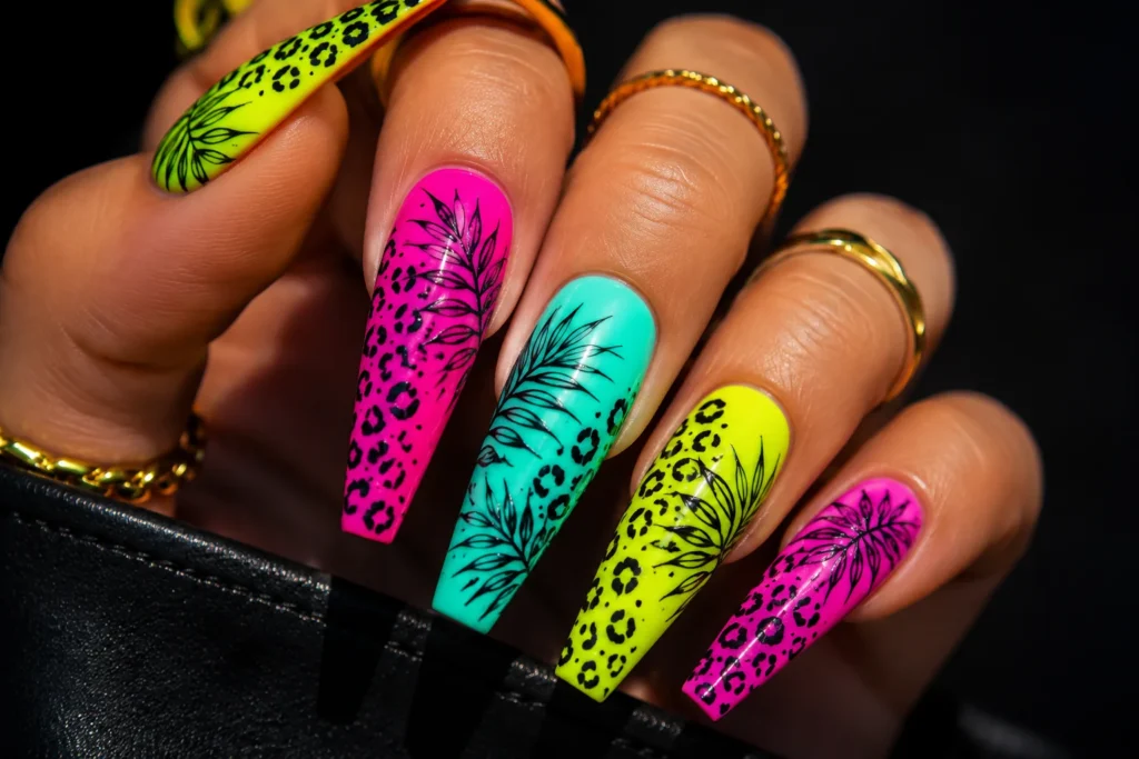 neon jungle tropical nail ideas 2026 bold colorful nail art
