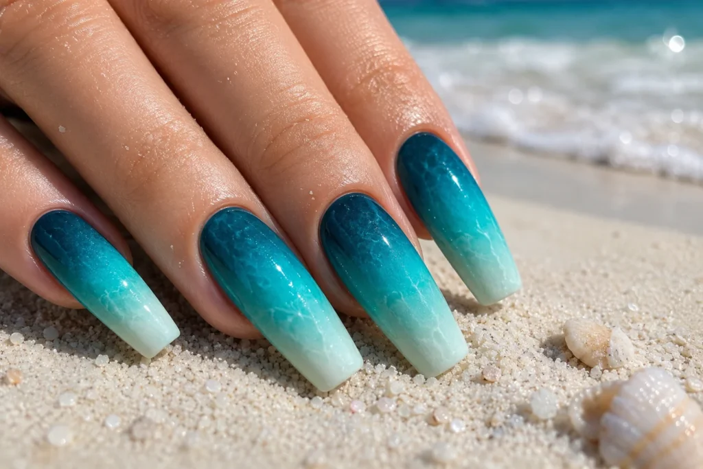ocean blue ombre tropical nail ideas 2026 teal to seafoam gradient
