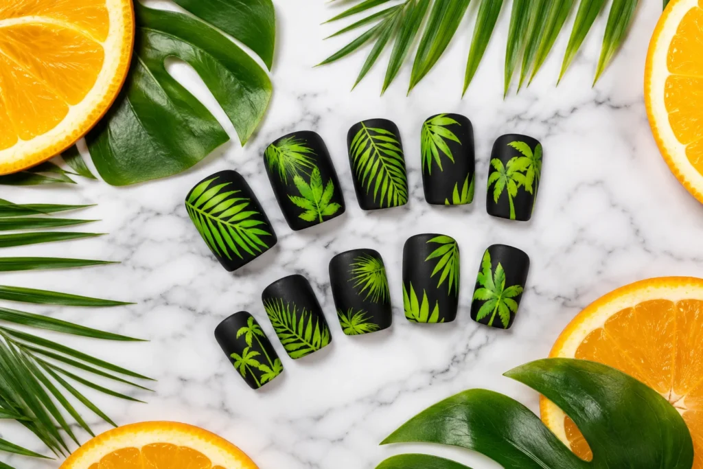 neon palm print tropical nail ideas 2026 black and neon green nails
