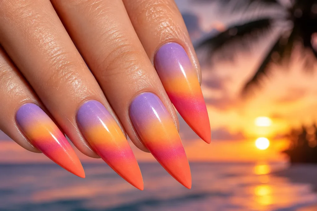 sunset gradient tropical nail ideas 2026 coral orange yellow ombre nails