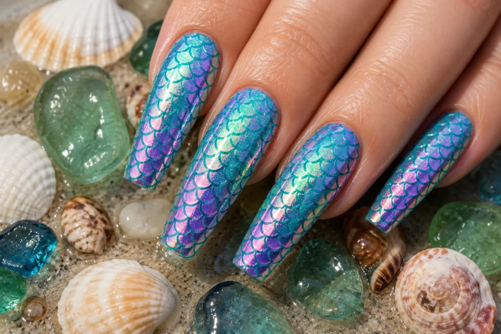 mermaid scale tropical nail ideas 2026 holographic iridescent nails