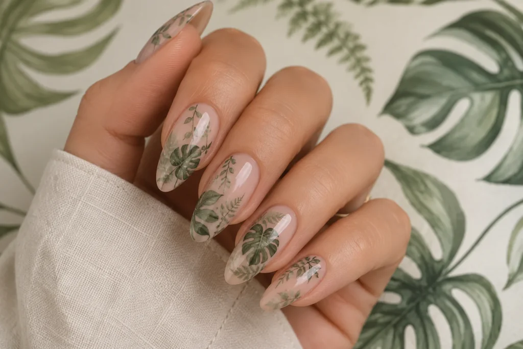 botanical leaf monstera tropical nail ideas 2026 elegant green nails