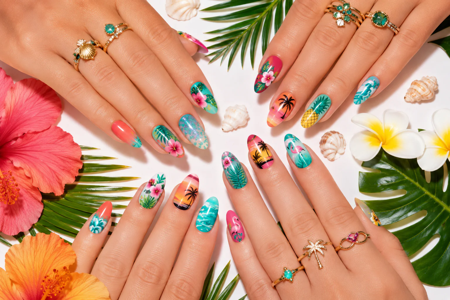 tropical nail ideas 2026 featured image — 15 summer nail designs flat lay