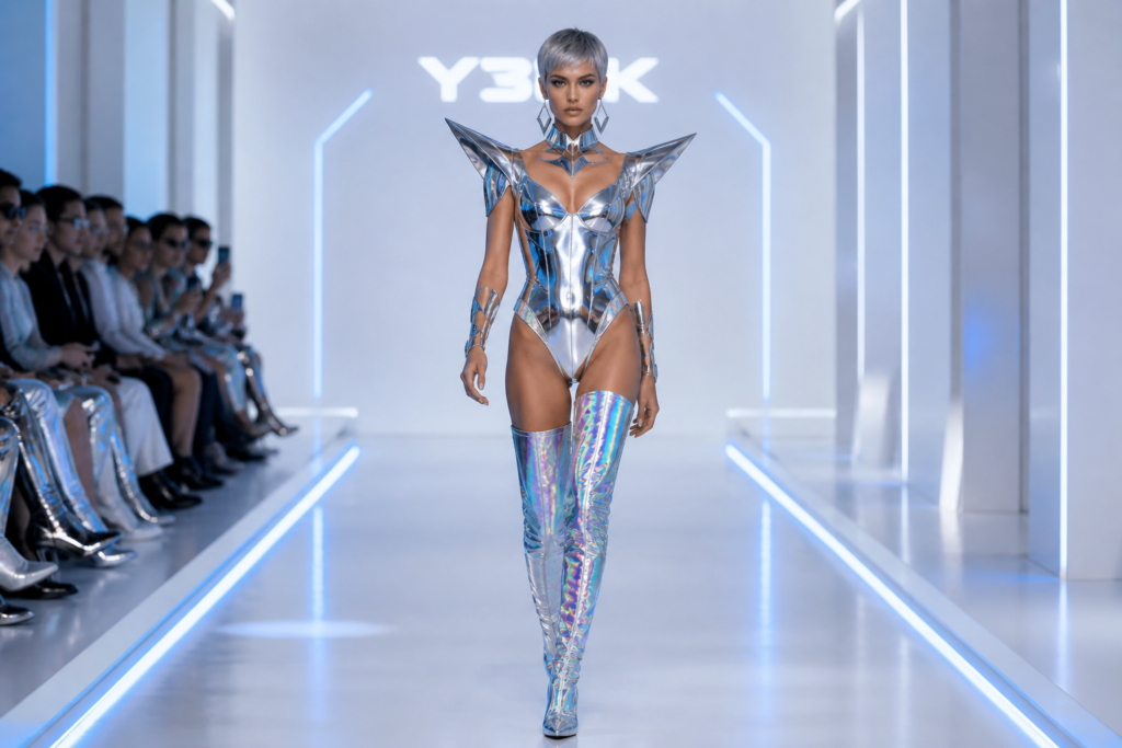 Y3K outfit aesthetic 2026 — chrome bodysuit and holographic boots on futuristic runway