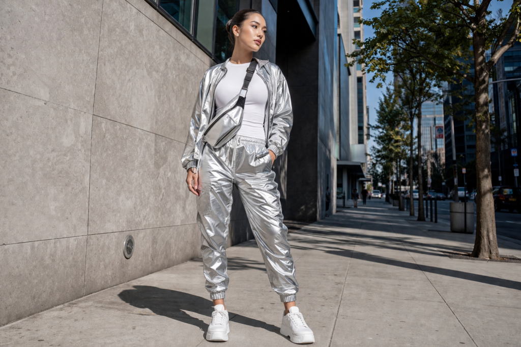 Y3K outfit idea 11 — Y3K casual everyday outfit with silver joggers and reflective bomber jacket