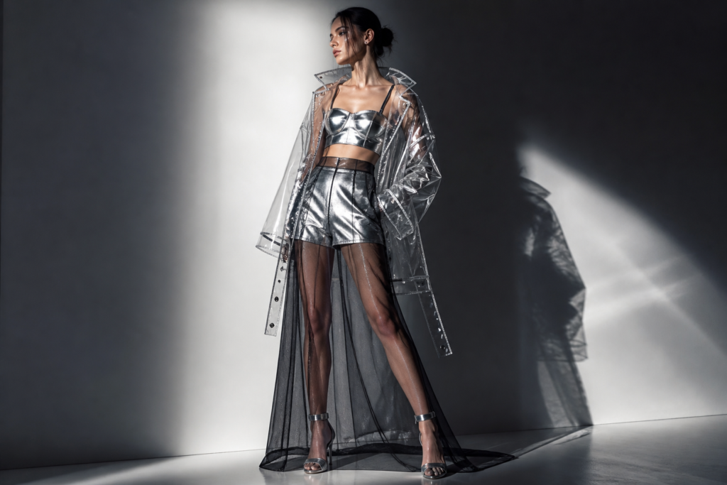 Y3K outfit idea 12 — transparent layered Y3K look with mesh maxi skirt over metallic base