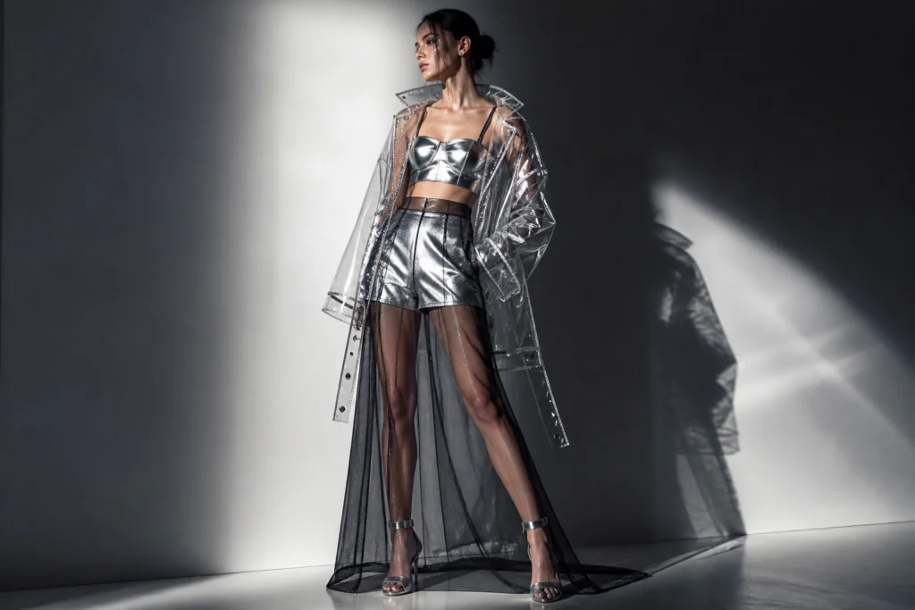 Y3K outfit idea 12 — transparent layered Y3K look with mesh maxi skirt over metallic base