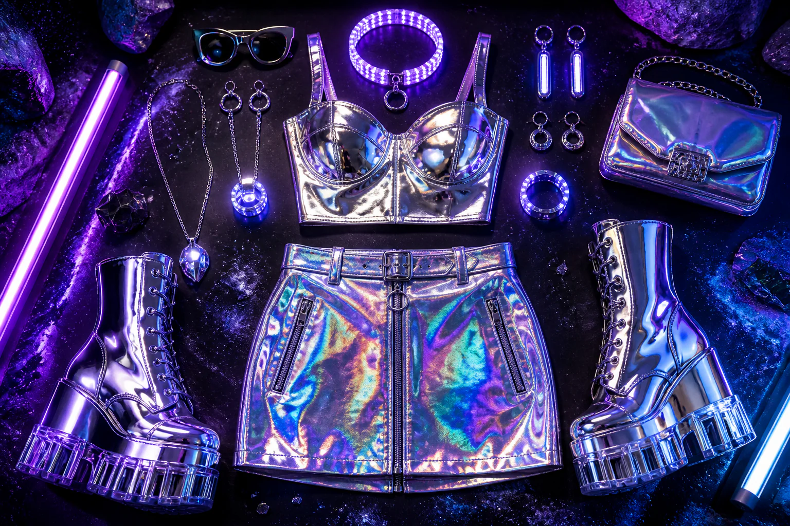 Y3K outfit ideas 2026 — futuristic chrome and holographic fashion editorial flat lay