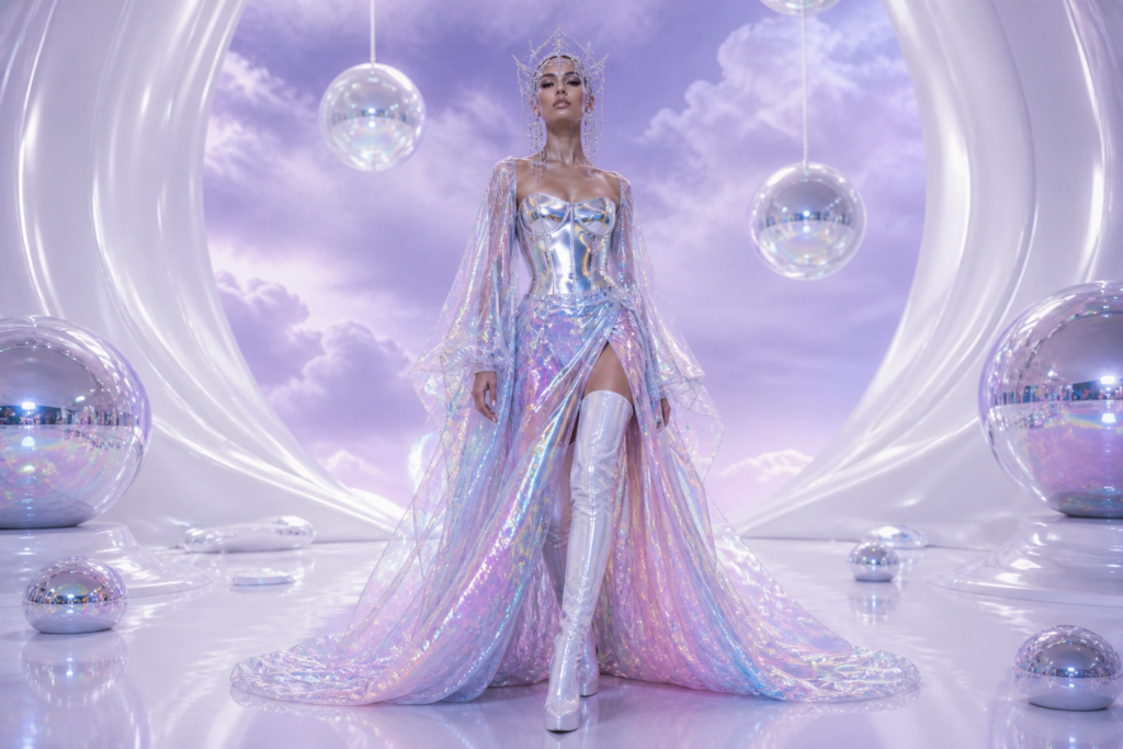 Y3K outfit idea 3 — alien princess iridescent gown with silver corset and holographic boots