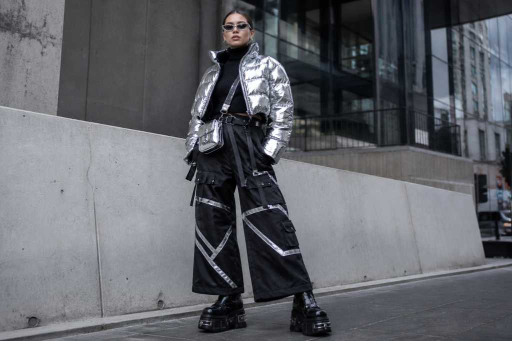  Y3K outfit idea 4 — tech-noir street style with chrome puffer jacket and utility trousers