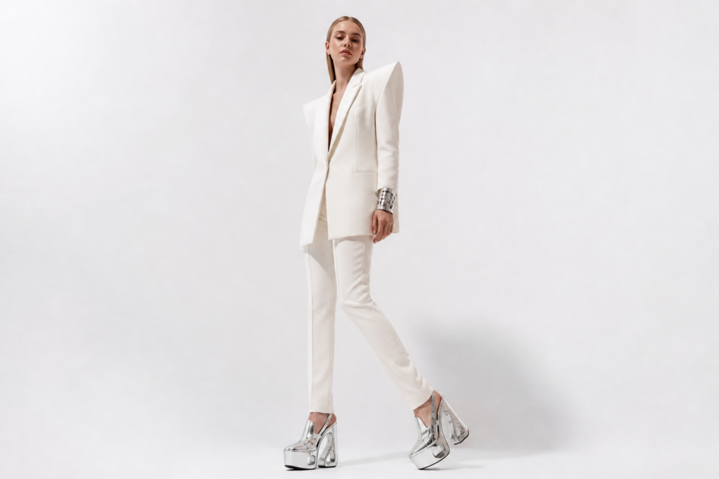 Y3K outfit idea 6 — futuristic minimalist white structured blazer with geometric silver heels
