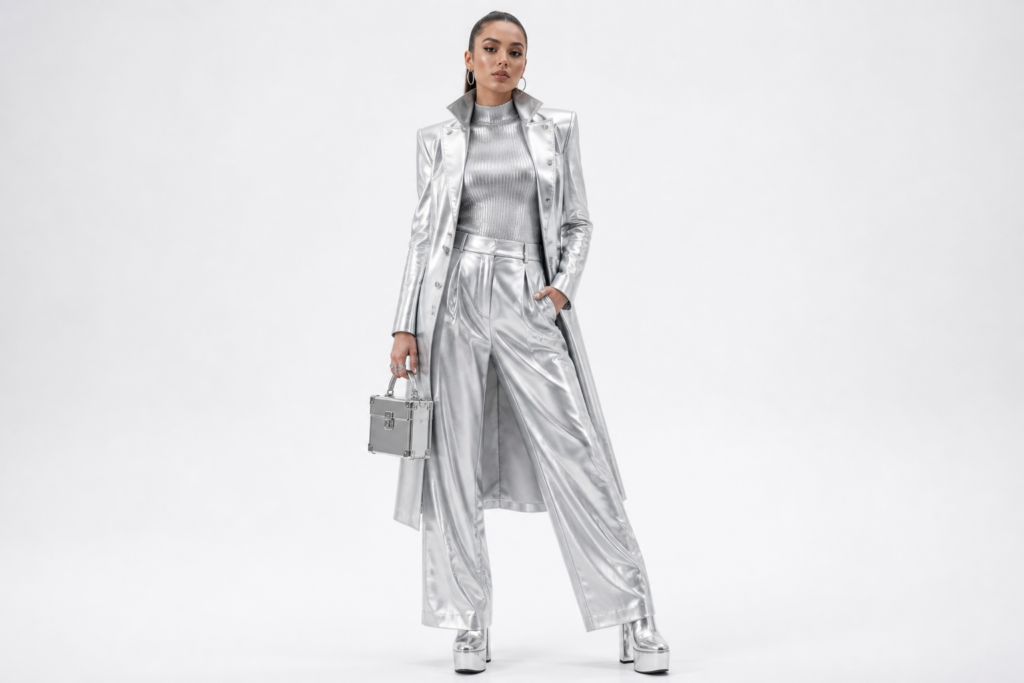 Y3K outfit idea 8 — monochrome silver head-to-toe Y3K look with mixed silver textures