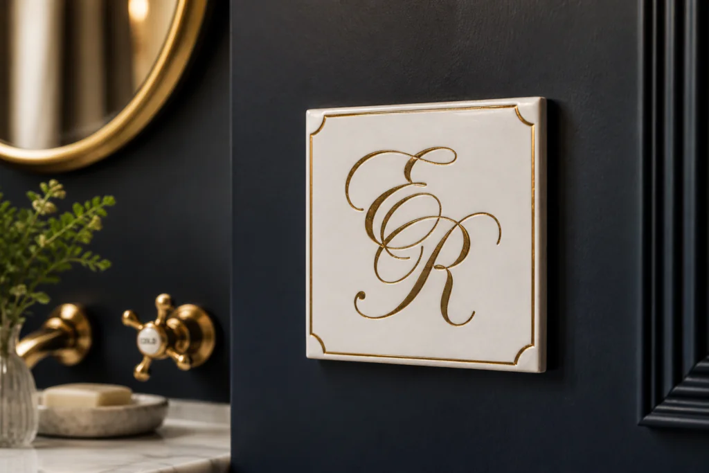 custom monogram tile bathroom wall decor ideas personalized gold lettering ceramic