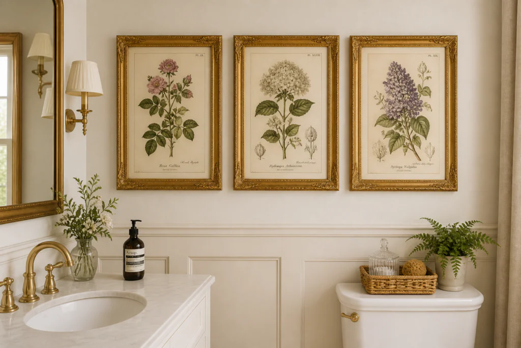 vintage framed botanical prints bathroom wall decor ideas gold frames antique style