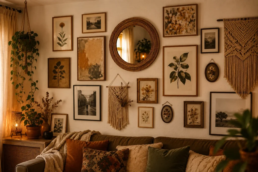 boho living room decor gallery wall with eclectic art and wicker mirror 