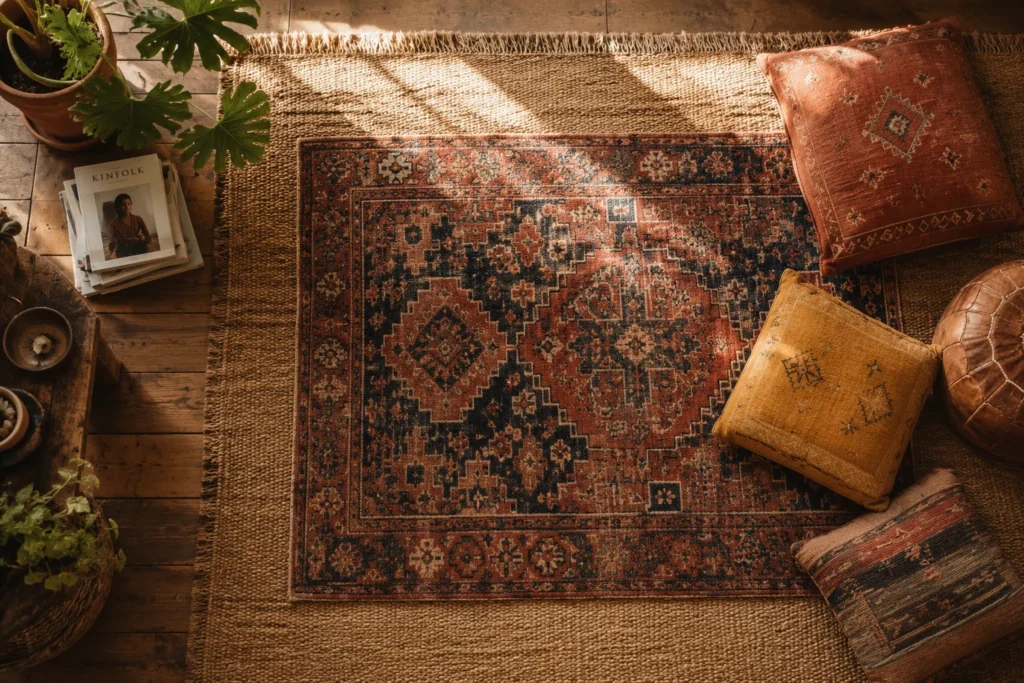 boho living room decor with layered jute and kilim rugs on hardwood floor