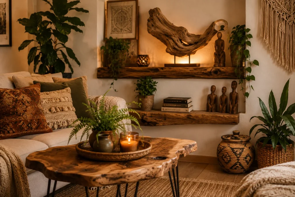 boho living room decor natural wood driftwood accents organic textures