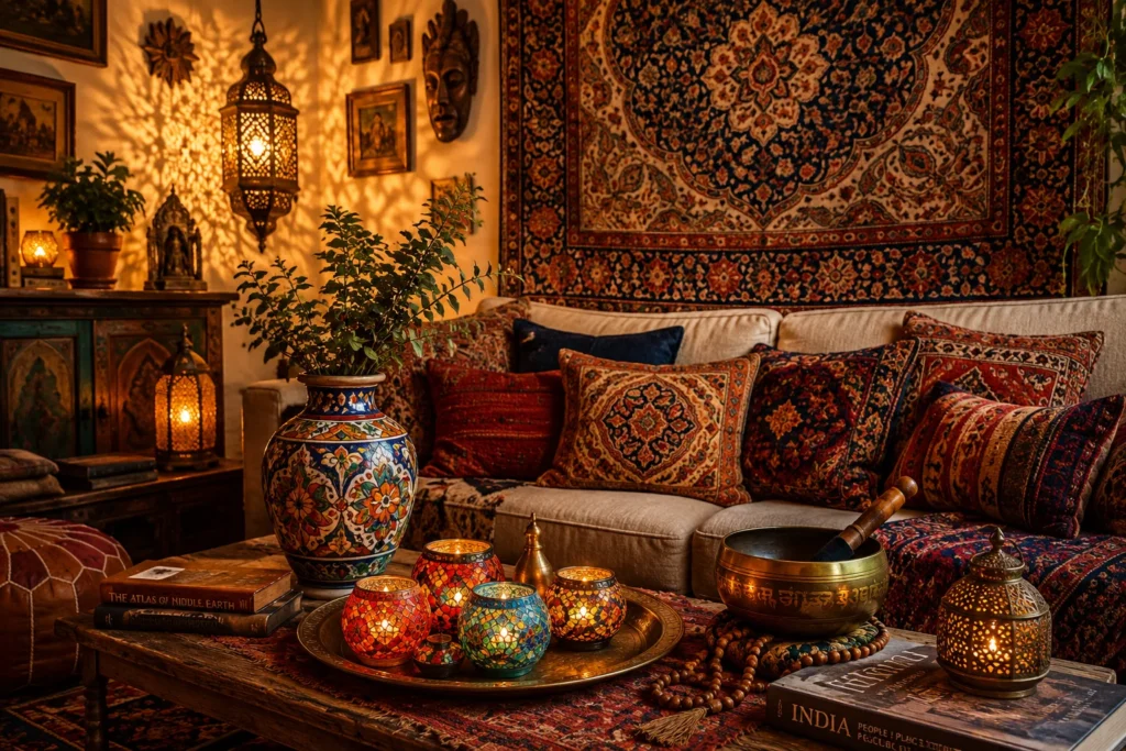 boho living room decor Moroccan global inspired pieces brass lantern tapestry