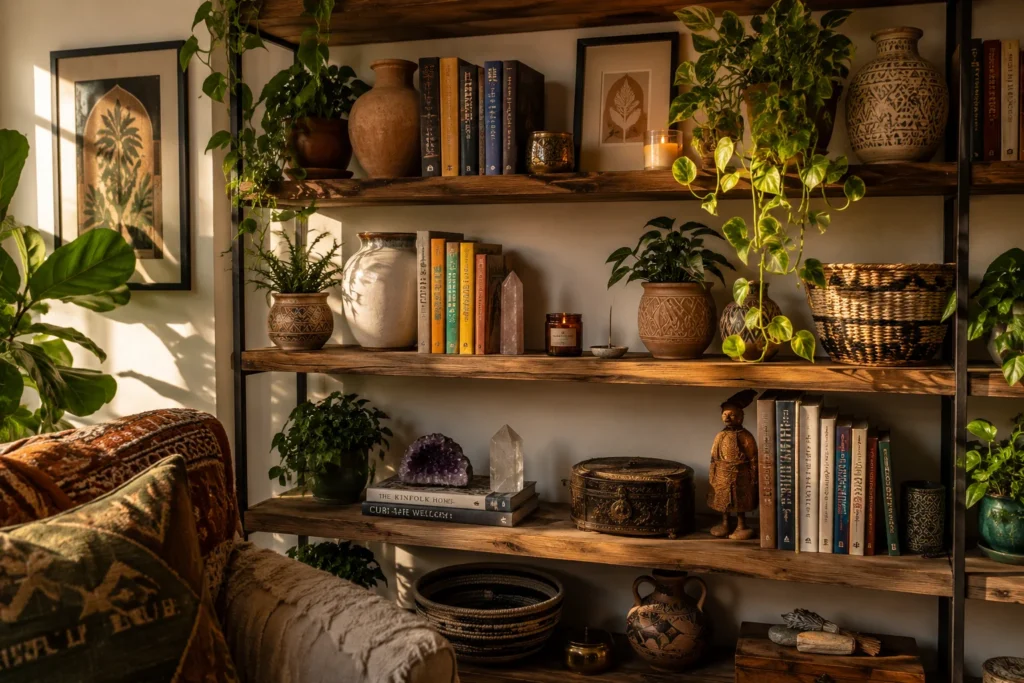 boho living room decor open shelving styled with plants ceramics and books