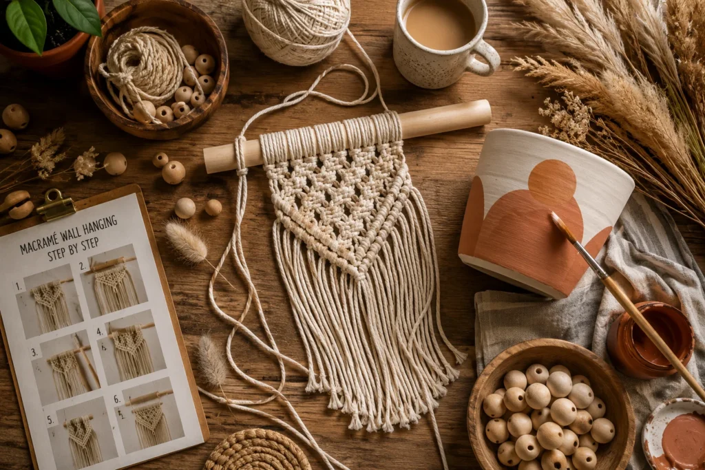 DIY boho living room decor projects macrame and painted terracotta pots