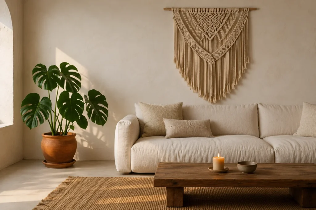 boho minimalist living room decor calm earthy serene aesthetic