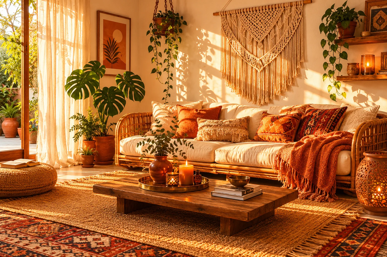boho living room decor with layered rugs, macrame wall art and warm earthy tones