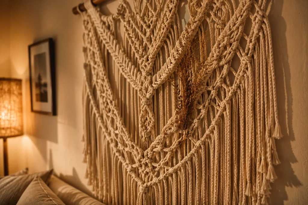 large macrame wall hanging boho living room decor above sofa 