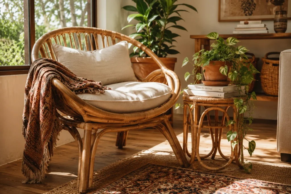 rattan armchair boho living room decor with plants and warm natural light