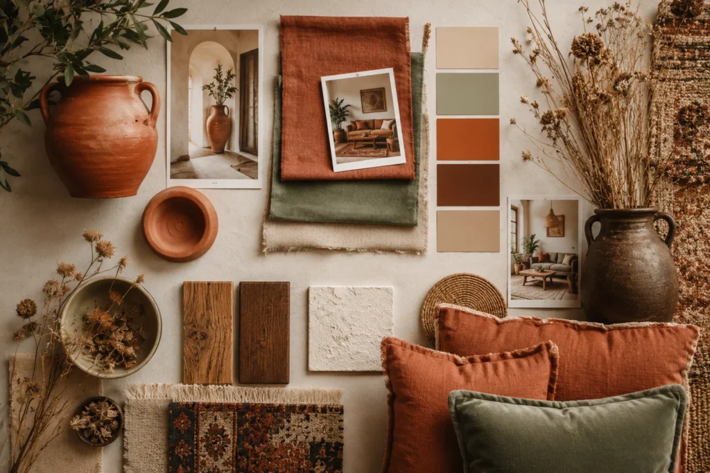 boho living room decor earthy color palette terracotta rust sage green