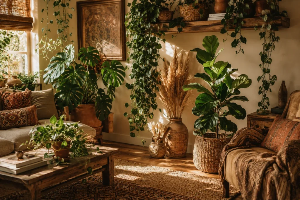boho living room decor with indoor plants monstera pothos and pampas grass 