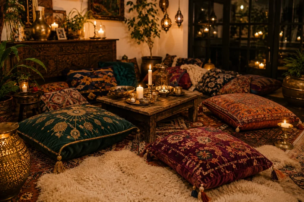  boho living room decor floor cushions low seating Moroccan style