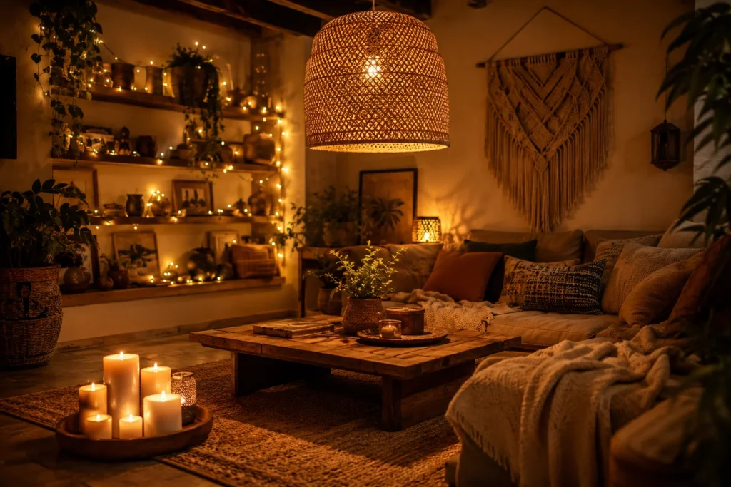 boho living room decor lighting rattan pendant string lights candles