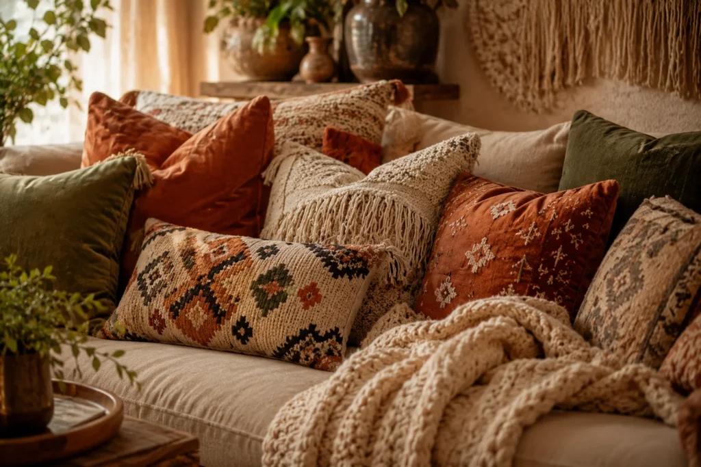 boho living room decor layered throw pillows and textiles on sofa 