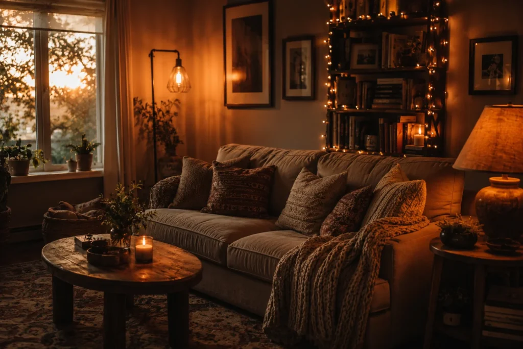 layered warm lighting cozy living room aesthetic 2026 amber floor lamps and candles